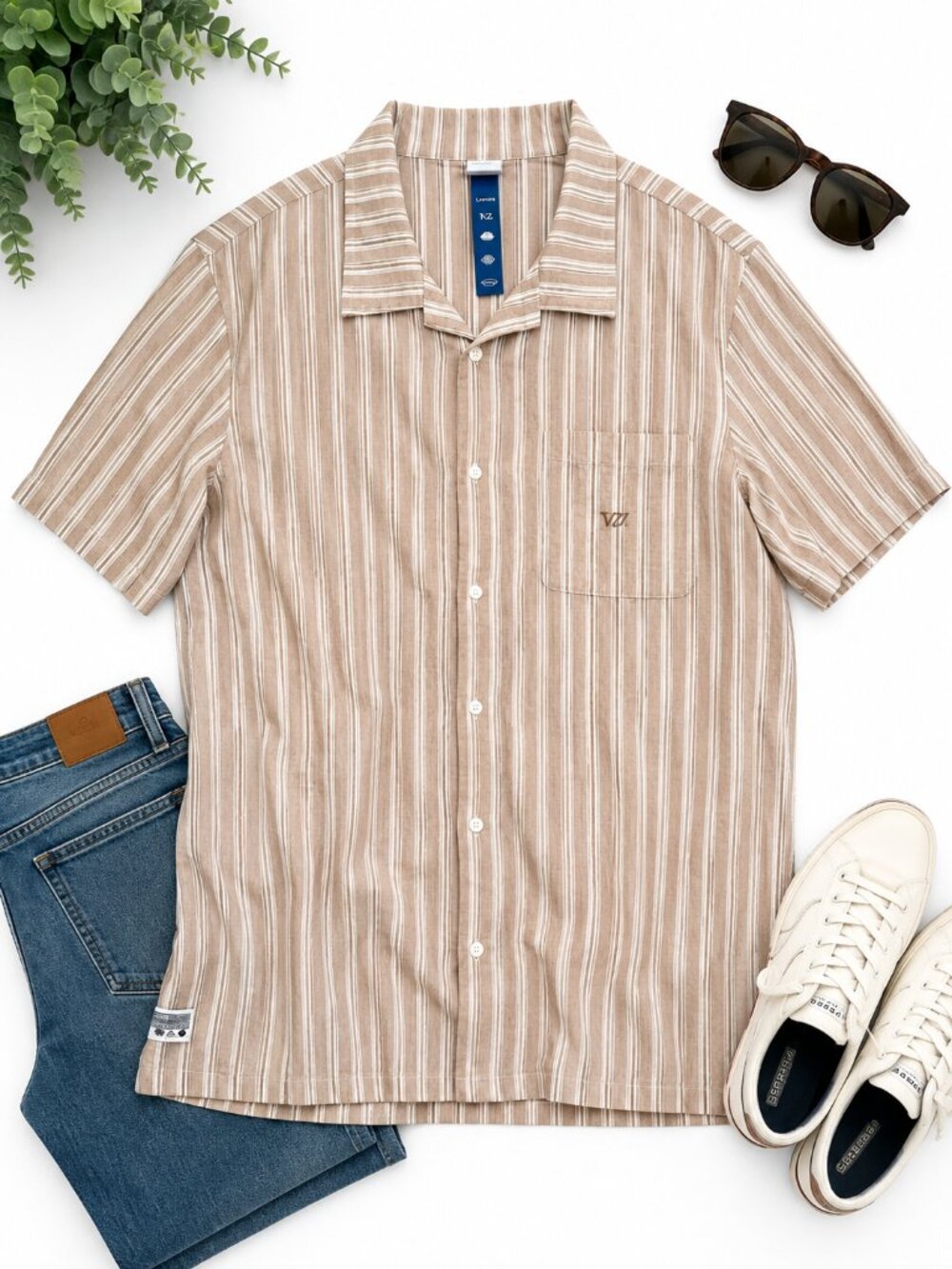 Rivvia Men’s Large Tan Striped Short Sleeve Button Up Shirt 100% Cotton